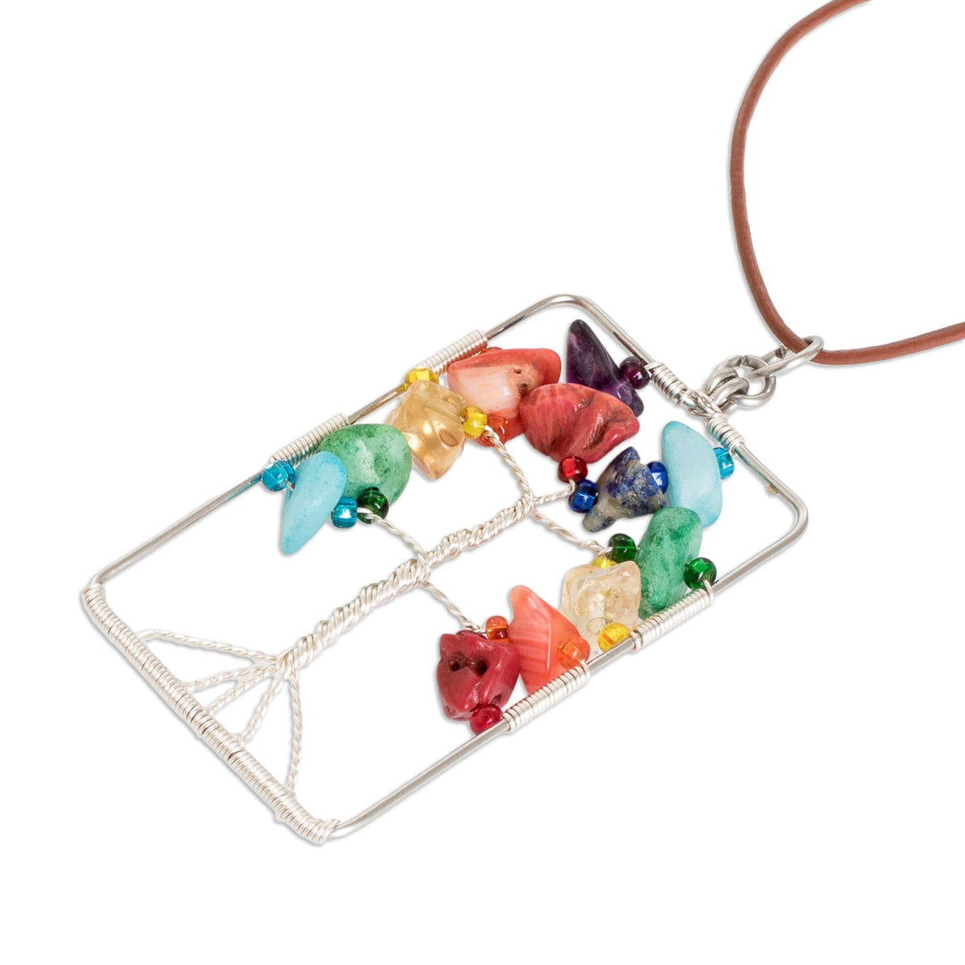 Rectangular Colorful Multi-Gemstone Tree Pendant Necklace - Sylvan Rainbow