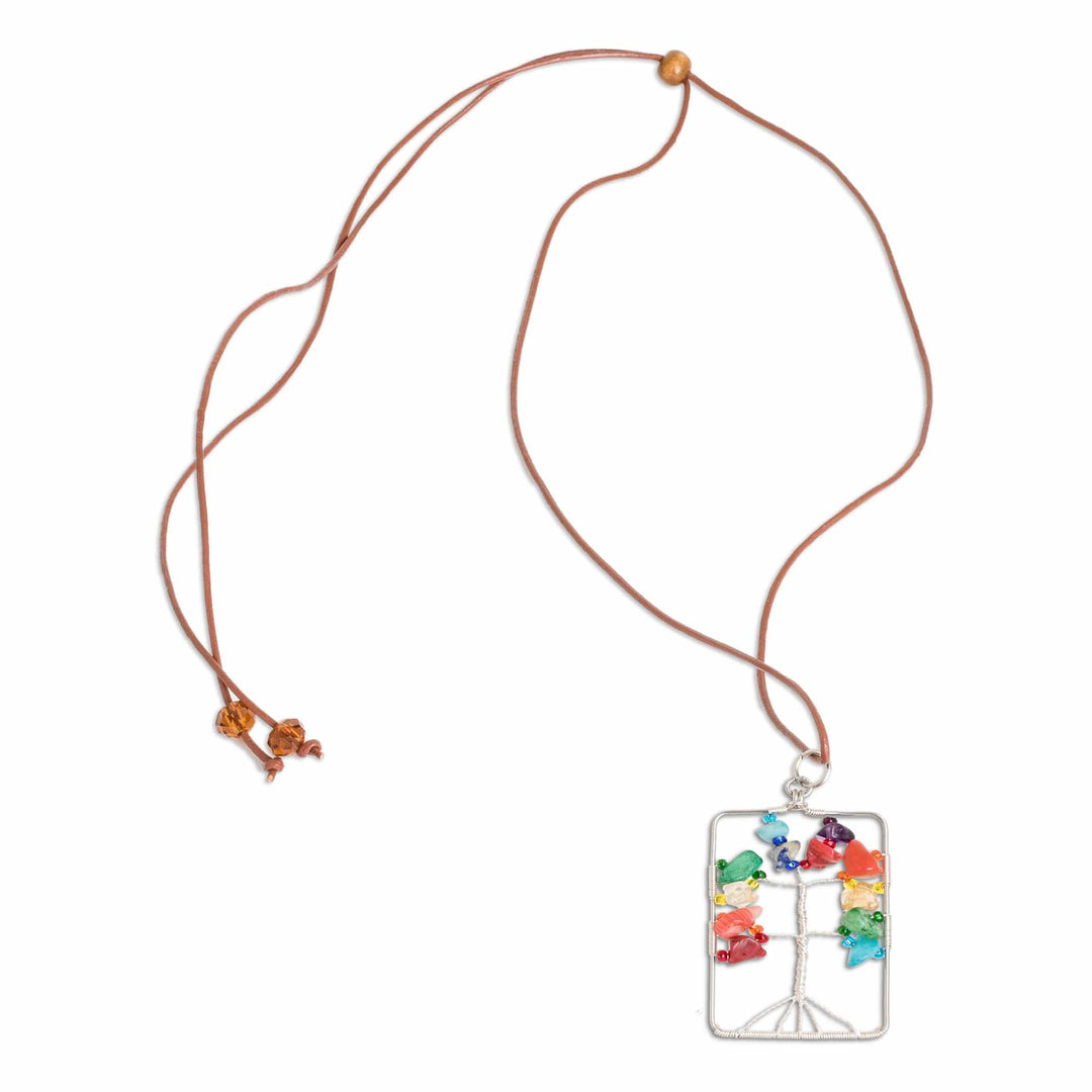 Rectangular Colorful Multi-Gemstone Tree Pendant Necklace - Sylvan Rainbow