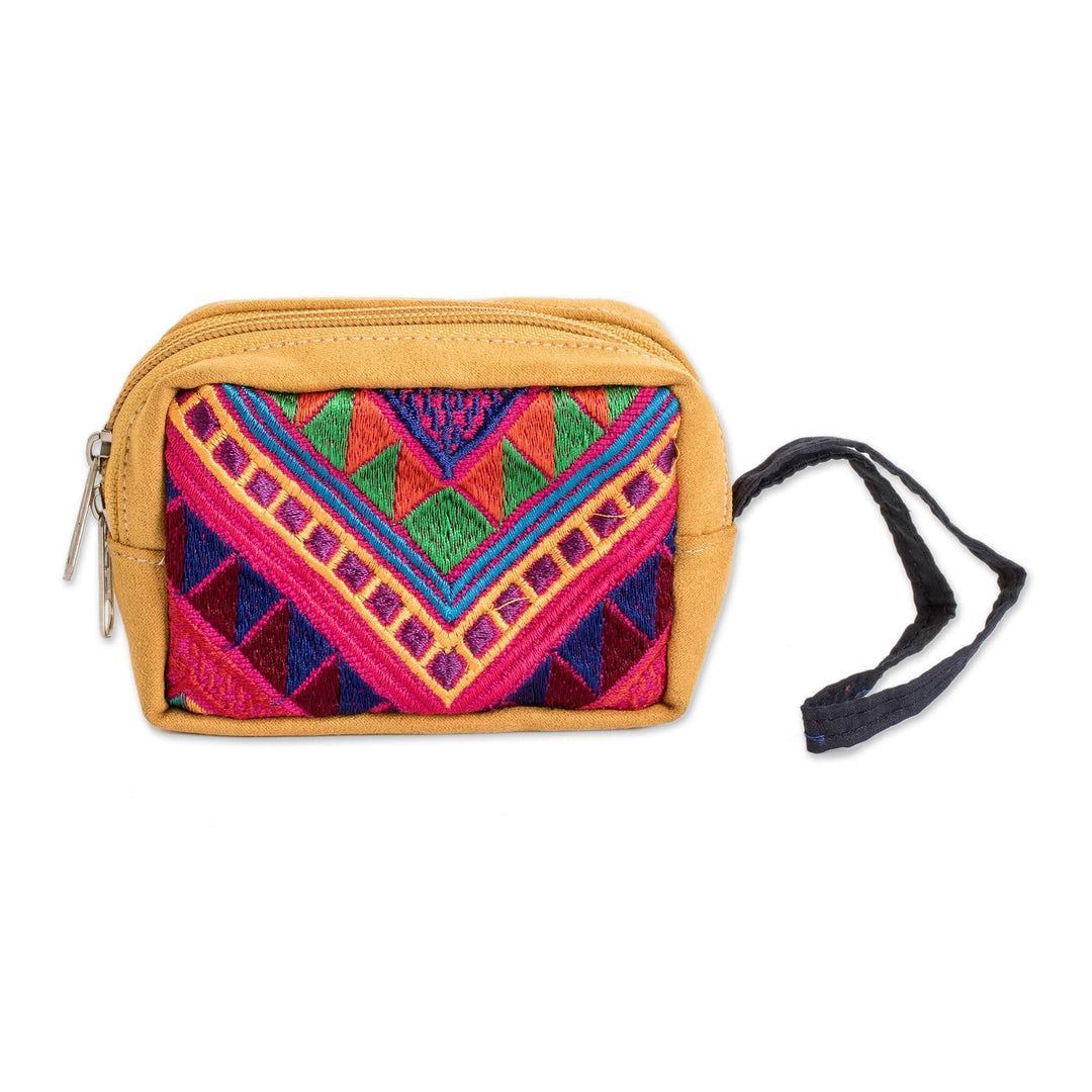 Mustard Cotton Coin Purse with Handwoven Geometric Motifs - Practical Mustard