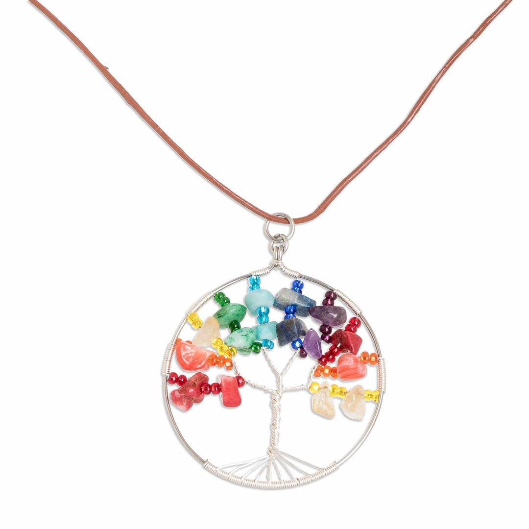 Tree-Themed Round Multi-Gemstone Pendant Necklace - Rainbow World