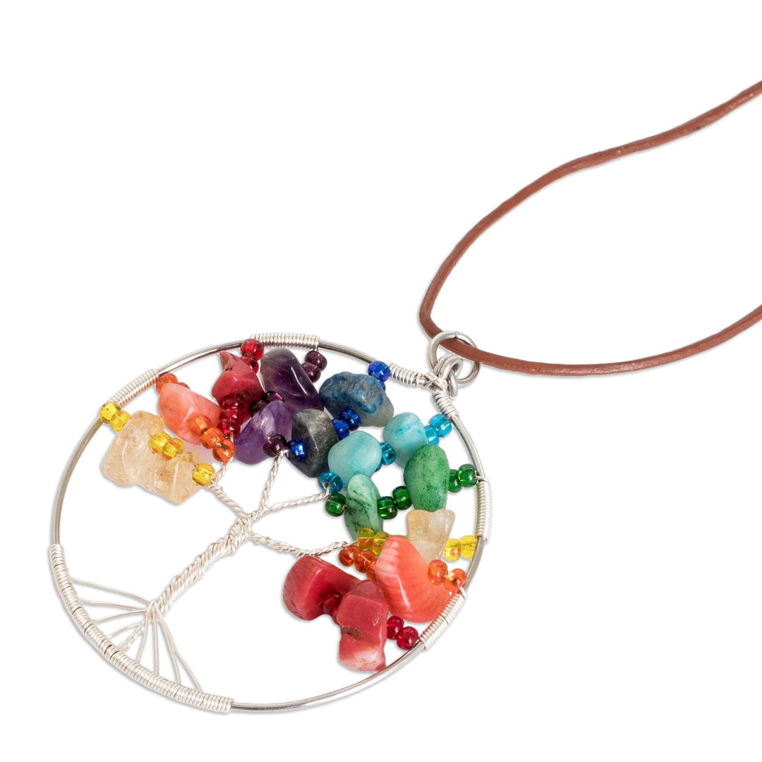 Tree-Themed Round Multi-Gemstone Pendant Necklace - Rainbow World
