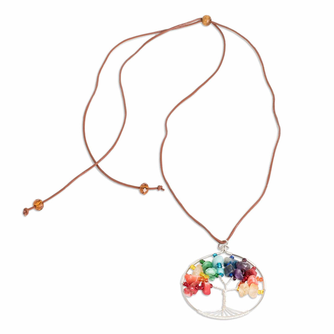 Tree-Themed Round Multi-Gemstone Pendant Necklace - Rainbow World