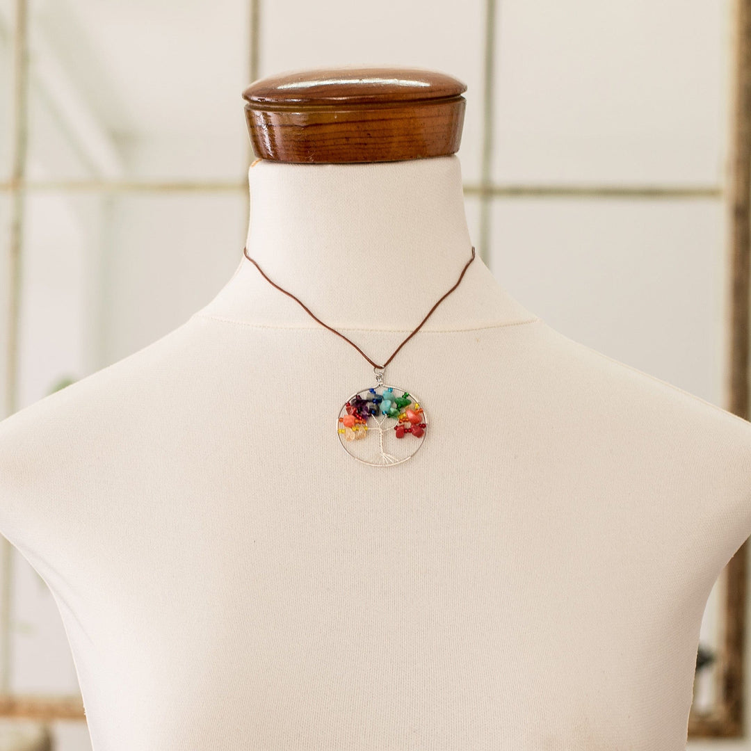 Tree-Themed Round Multi-Gemstone Pendant Necklace - Rainbow World