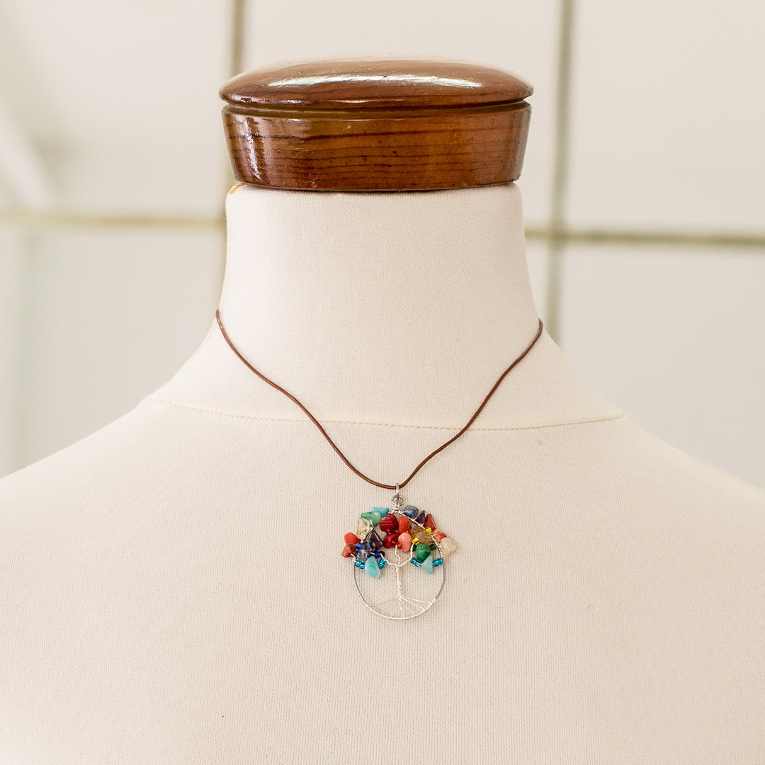 Tree-Themed Oval Multi-Gemstone Pendant Necklace - Forest in Rainbow