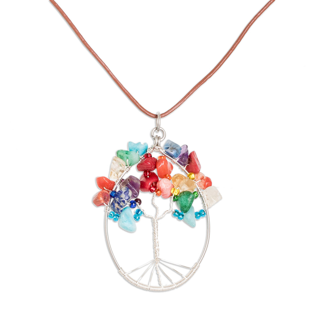 Tree-Themed Oval Multi-Gemstone Pendant Necklace - Forest in Rainbow