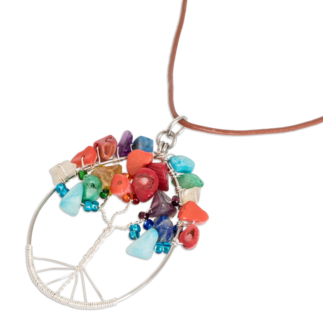 Tree-Themed Oval Multi-Gemstone Pendant Necklace - Forest in Rainbow