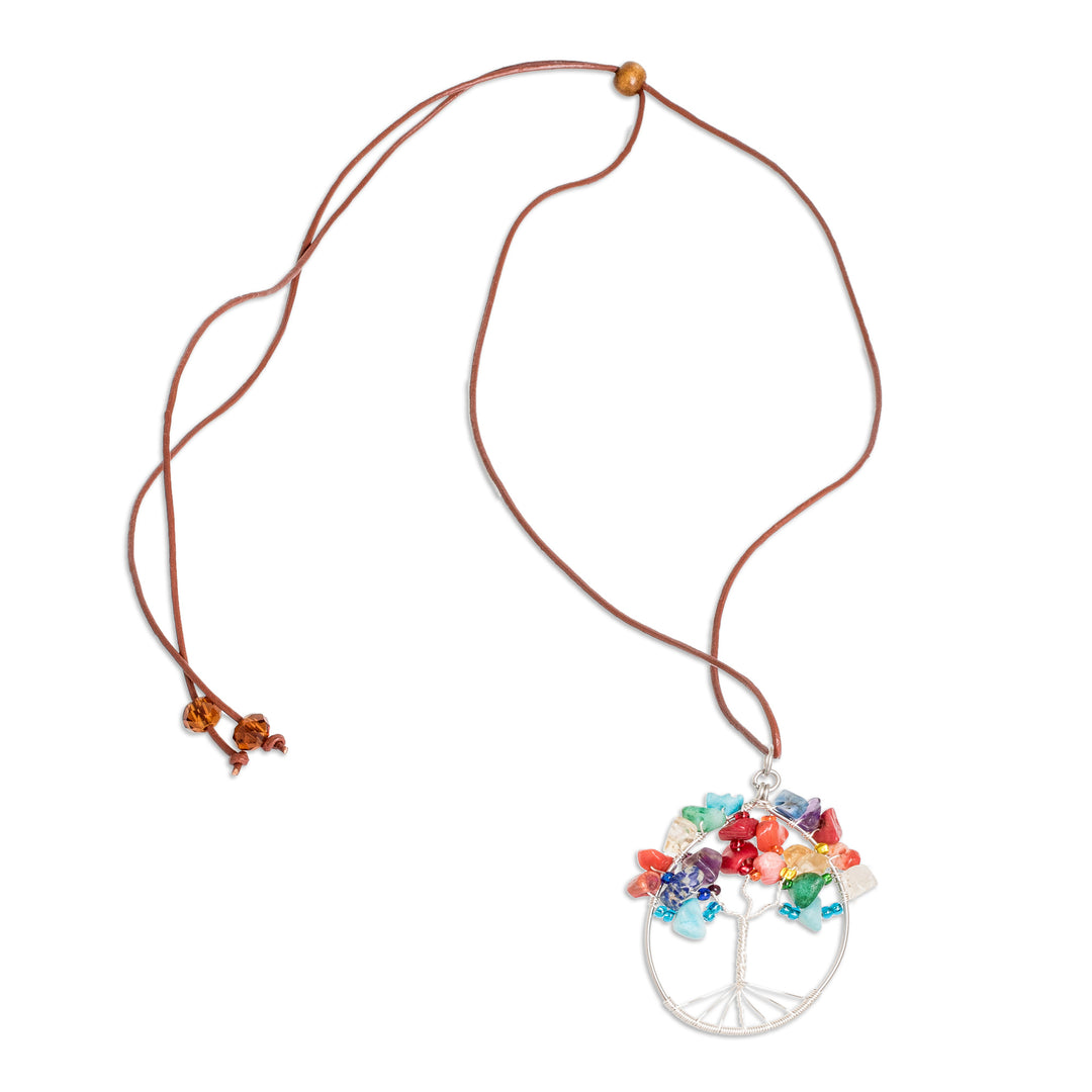 Tree-Themed Oval Multi-Gemstone Pendant Necklace - Forest in Rainbow
