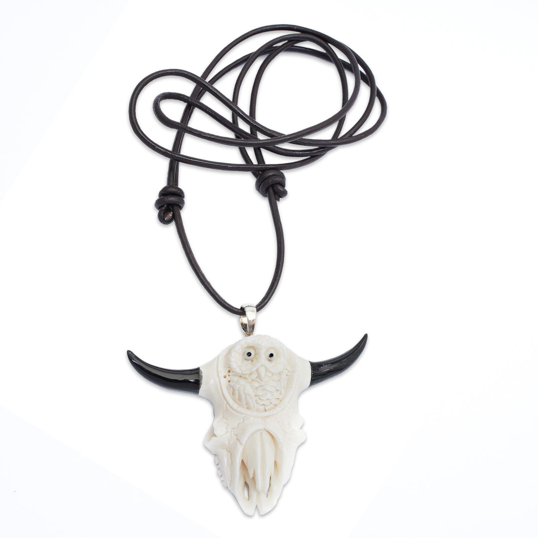 Hand-Carved Owl and Cow Skull-Themed Men's Pendant Necklace - Owl at Home