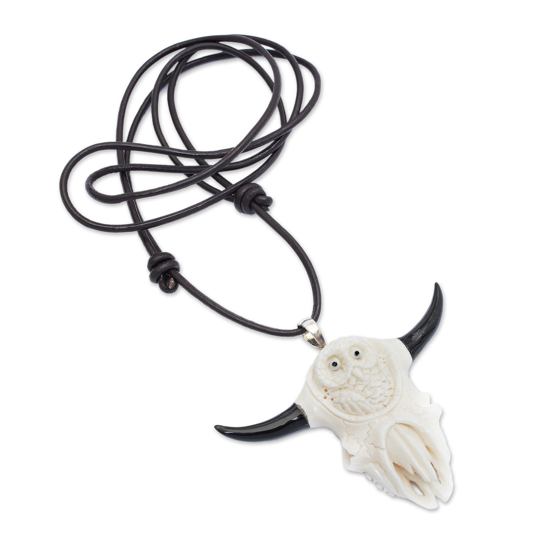 Hand-Carved Owl and Cow Skull-Themed Men's Pendant Necklace - Owl at Home