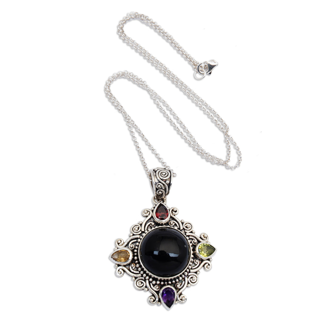 Multi-Gemstone Sterling Silver Hand-Carved Pendant Necklace - Rainbow in the Dark