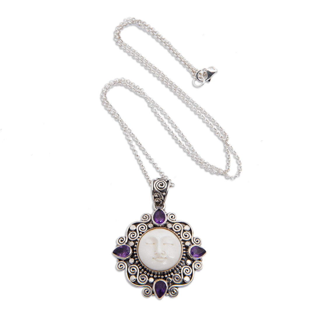 Sterling Silver Amethyst Necklace with Carved Moon Pendant - Dreamy Moon