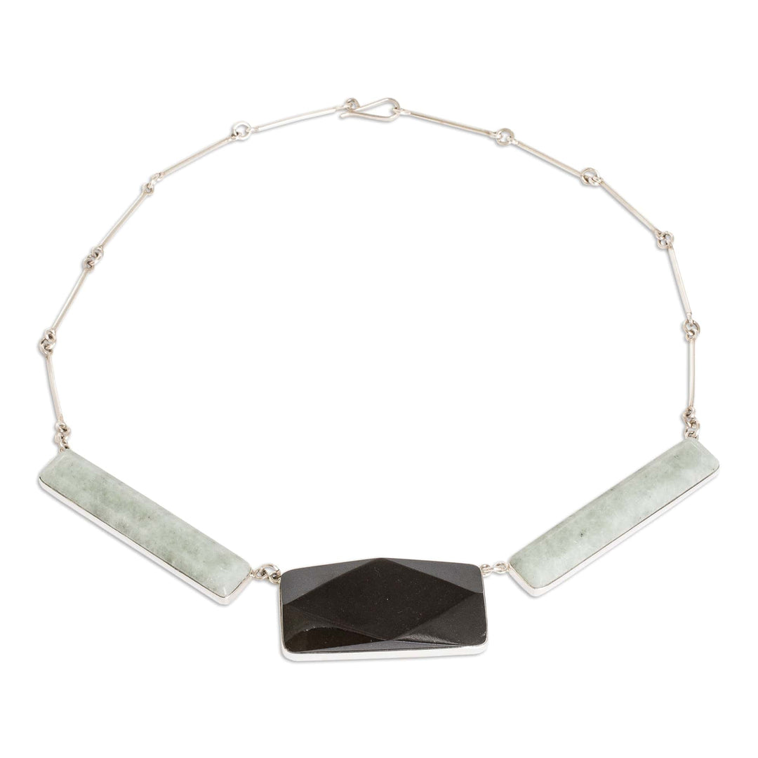Modern Green and Dark Jade Link Necklace from Guatemala - Geometric Grandeur