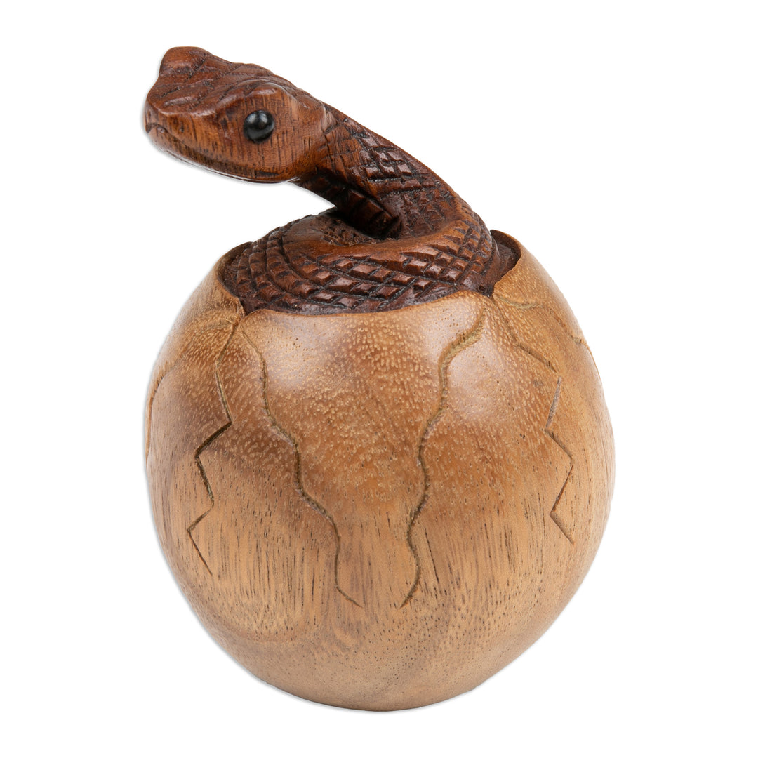Hand-Carved Natural Suar Wood Sculpture of Hatching Cobra - The Baby Cobra