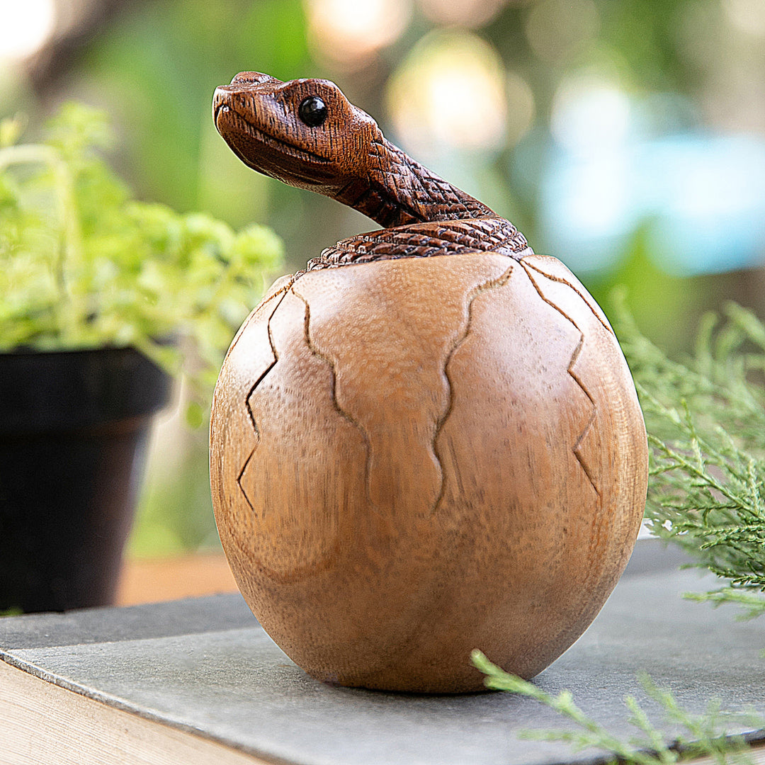 Hand-Carved Natural Suar Wood Sculpture of Hatching Cobra - The Baby Cobra