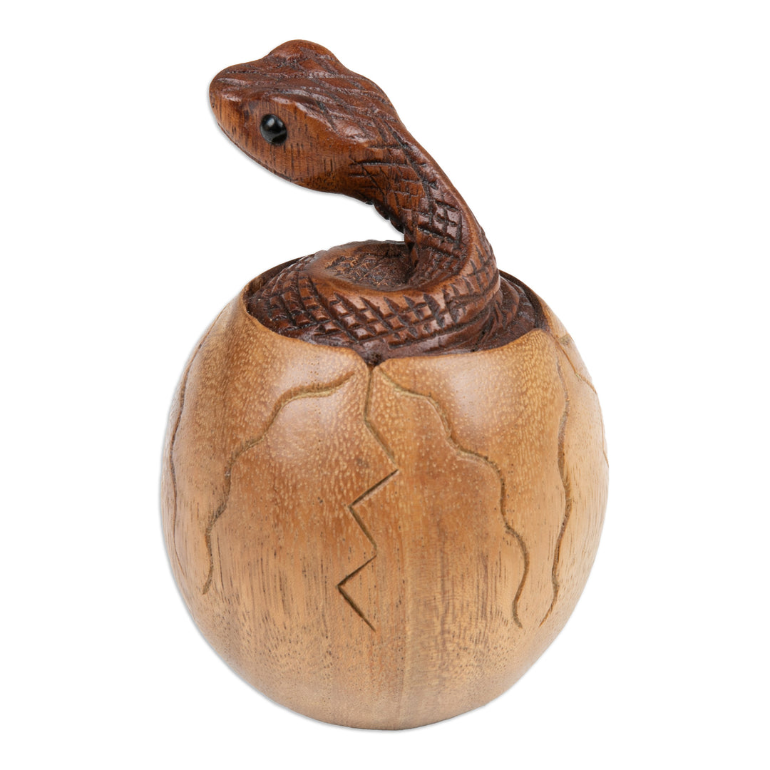 Hand-Carved Natural Suar Wood Sculpture of Hatching Cobra - The Baby Cobra