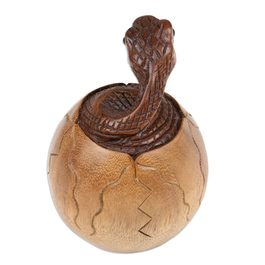 Hand-Carved Natural Suar Wood Sculpture of Hatching Cobra - The Baby Cobra