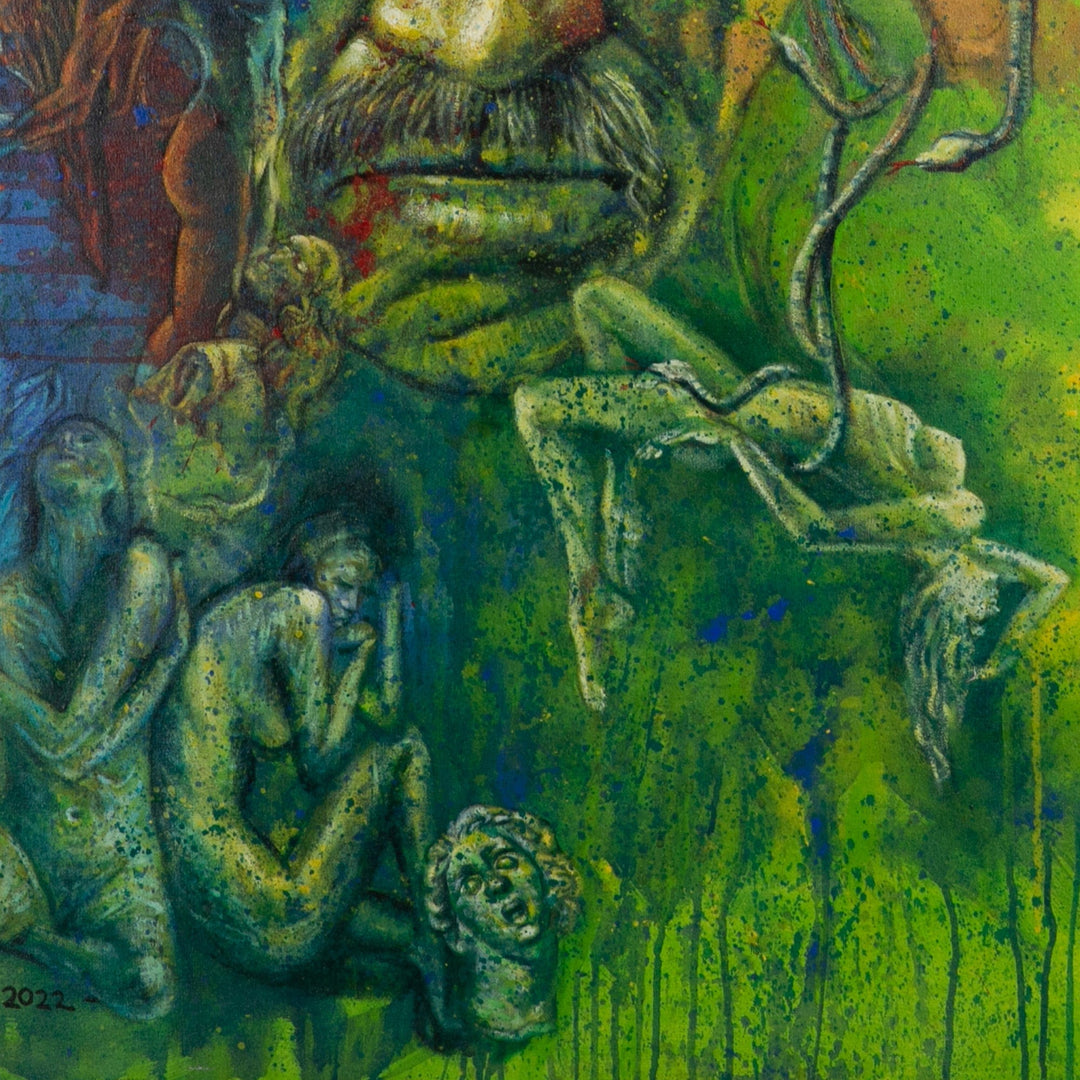Expressionist Green and Blue Acrylic Painting from Bali - The Male Medusa