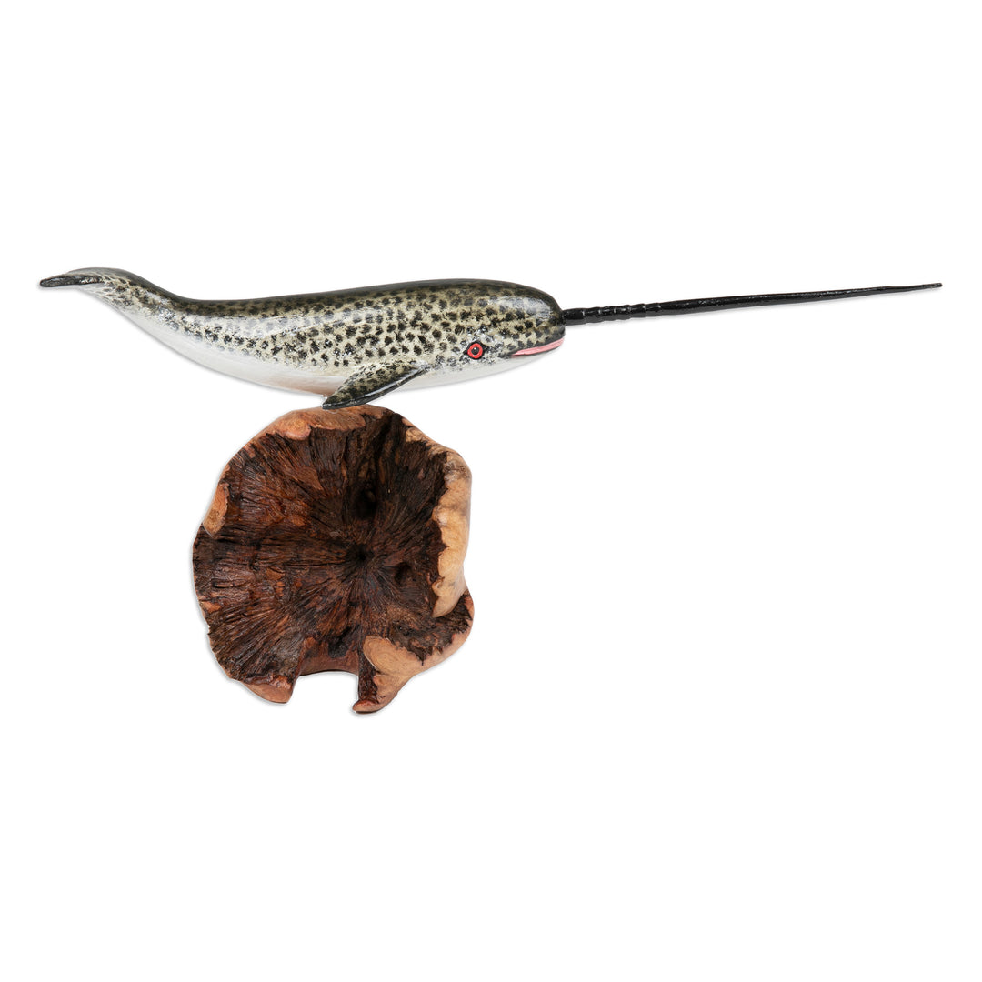 Wood Sculpture of Narwhal Whale with Mushroom-Shaped Base - Narwhal Whale