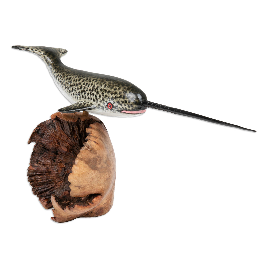 Wood Sculpture of Narwhal Whale with Mushroom-Shaped Base - Narwhal Whale