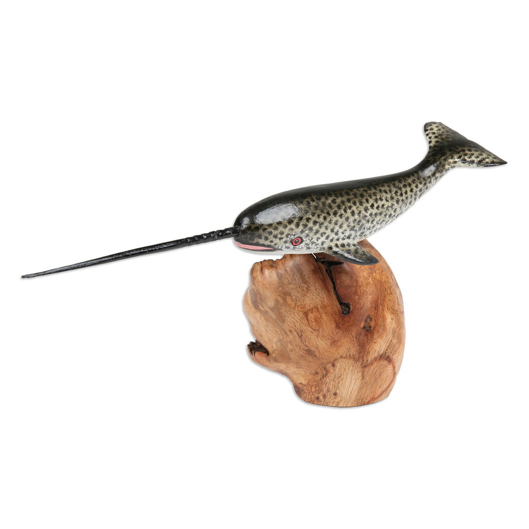 Wood Sculpture of Narwhal Whale with Mushroom-Shaped Base - Narwhal Whale
