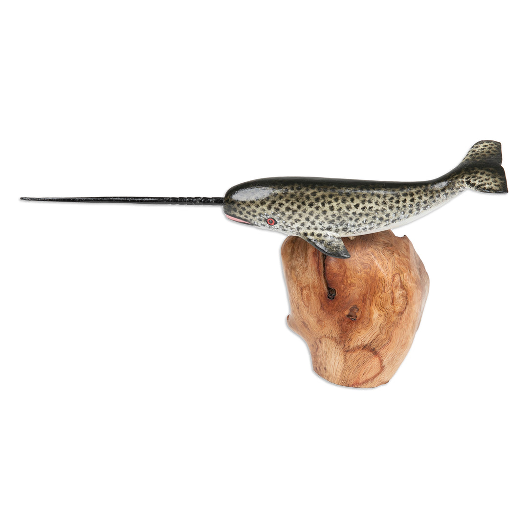 Wood Sculpture of Narwhal Whale with Mushroom-Shaped Base - Narwhal Whale
