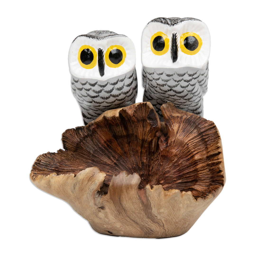 Owl-Themed Jempinis and Benalu Wood Sculpture from Bali - Twin Owlets