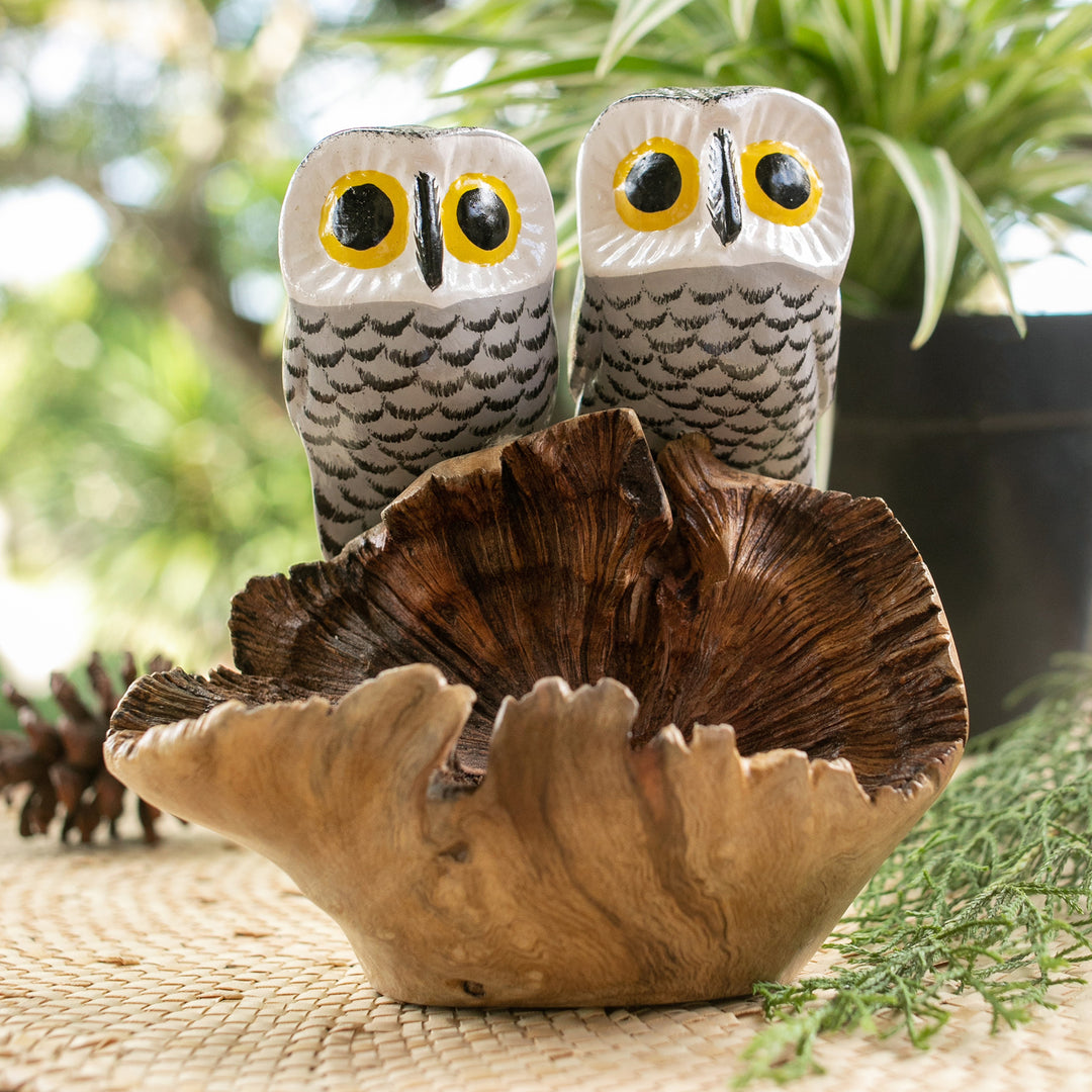 Owl-Themed Jempinis and Benalu Wood Sculpture from Bali - Twin Owlets
