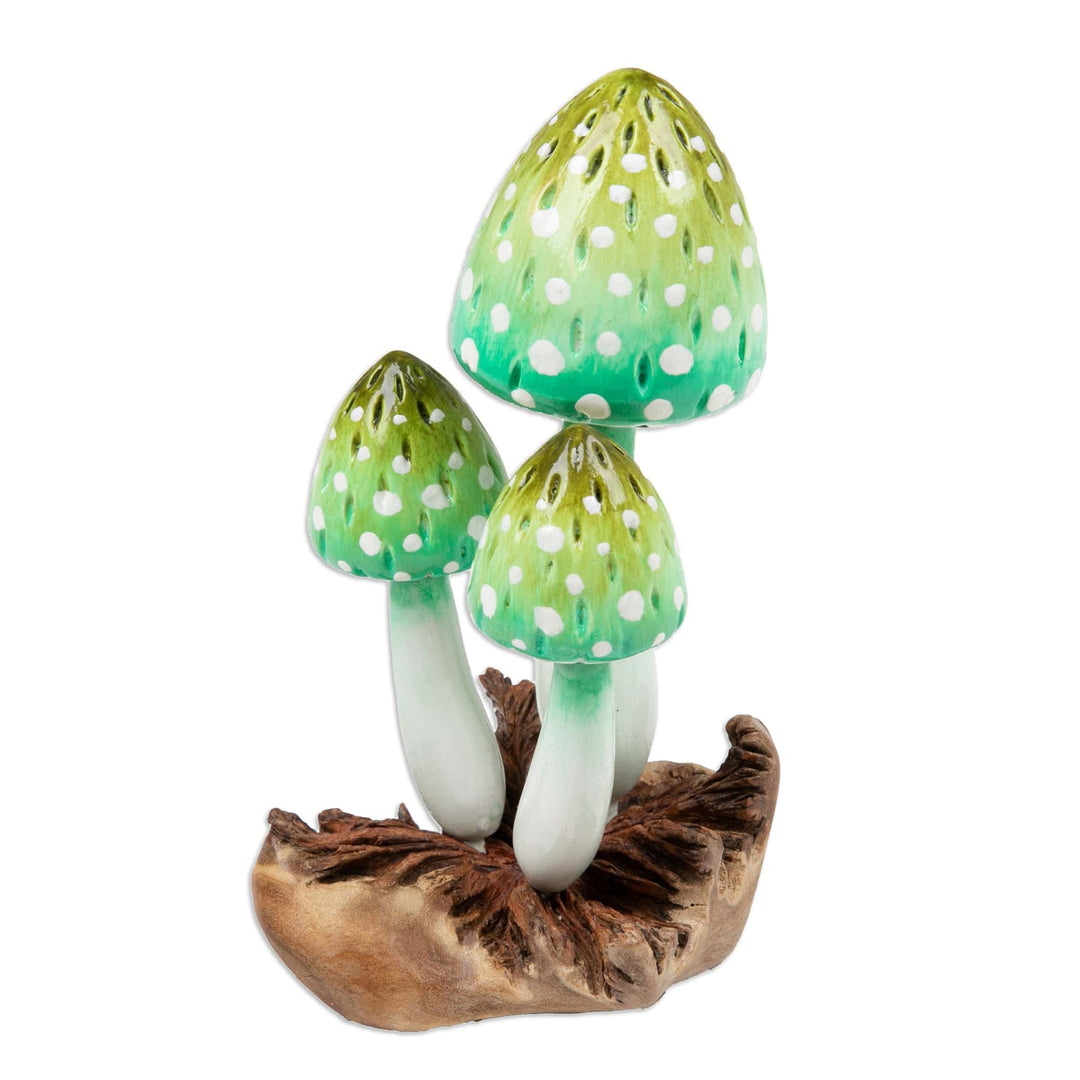 Green Mushroom-Themed Jempinis and Benalu Wood Sculpture - Harmonious Forest