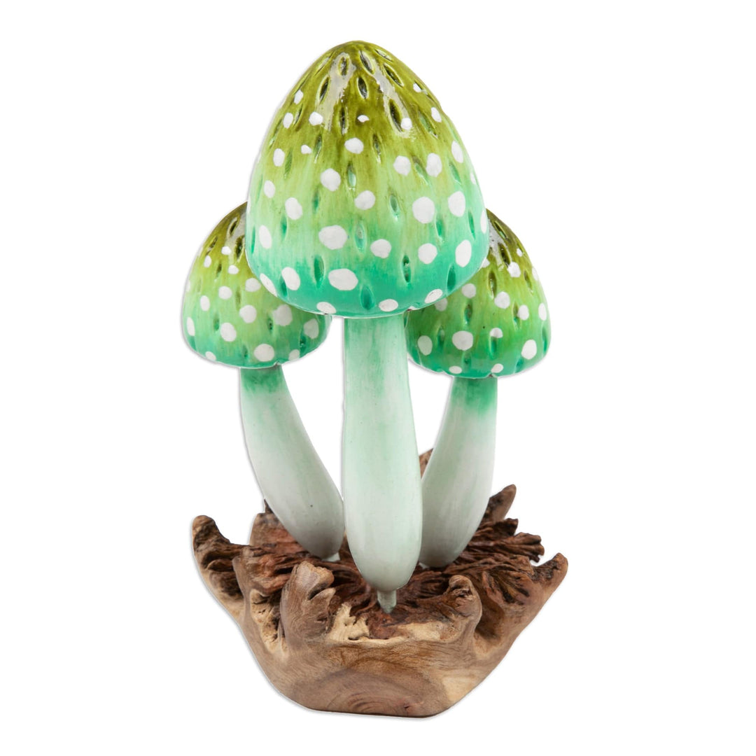 Green Mushroom-Themed Jempinis and Benalu Wood Sculpture - Harmonious Forest