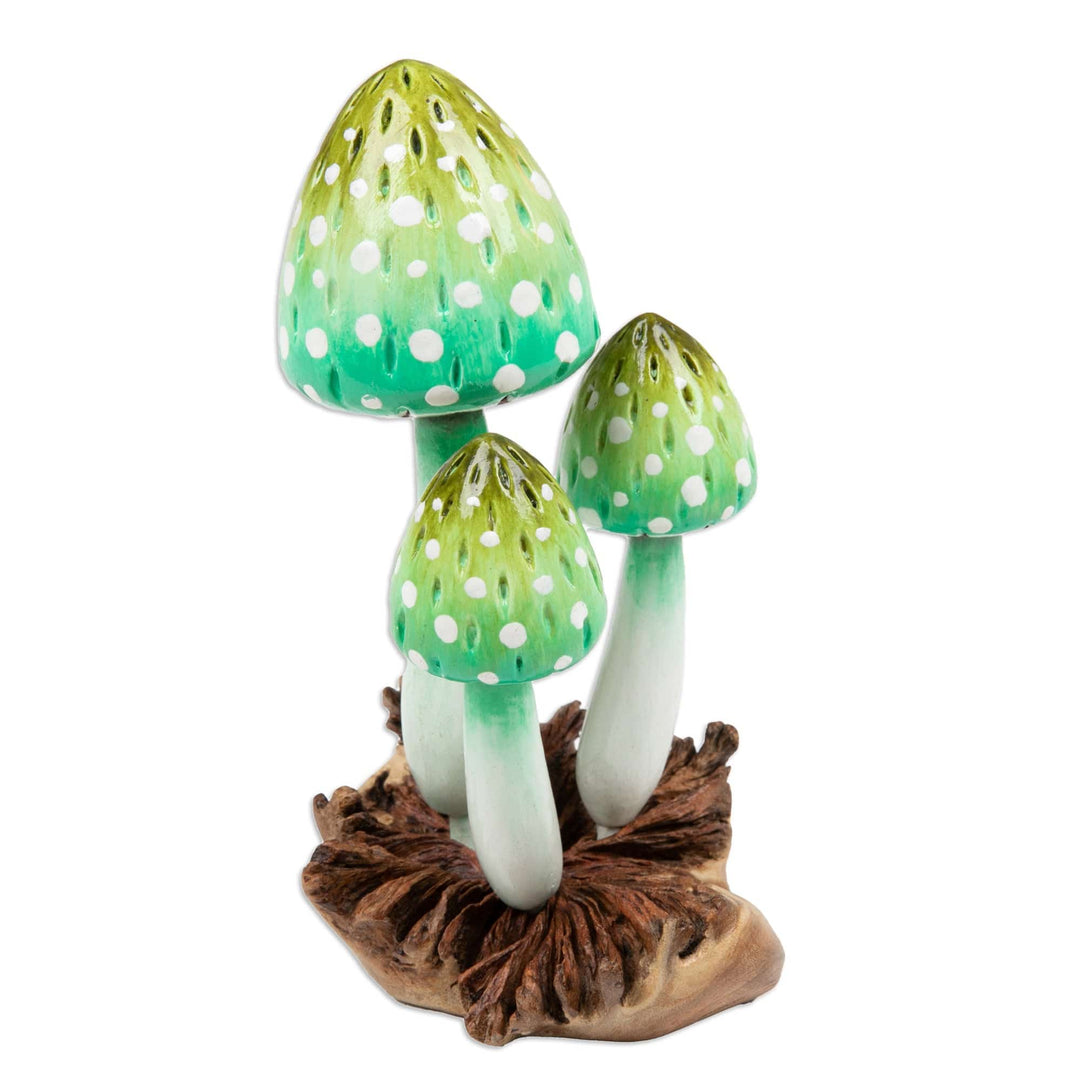 Green Mushroom-Themed Jempinis and Benalu Wood Sculpture - Harmonious Forest
