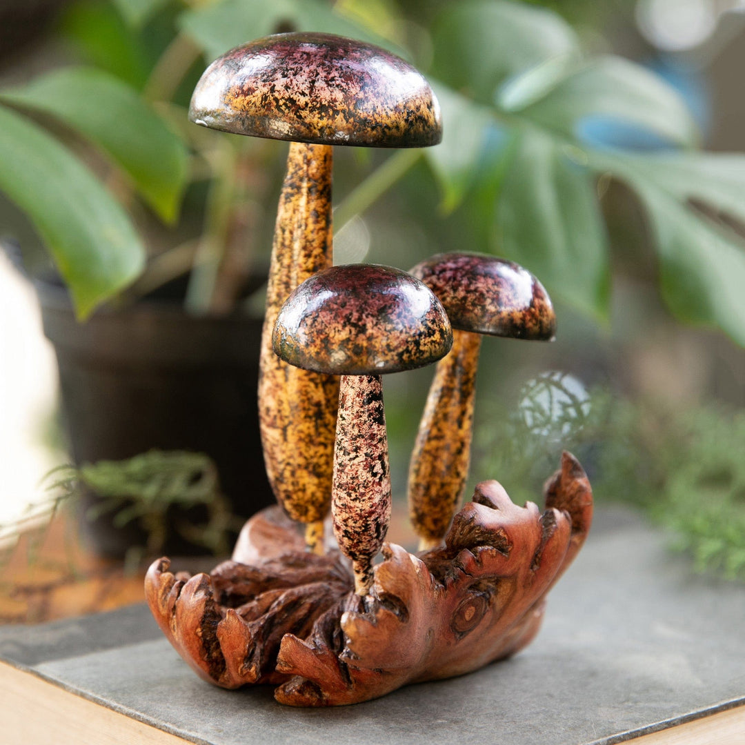 Balinese Hand-Painted Mushroom-Themed Wood Sculpture - Magical Agaricus