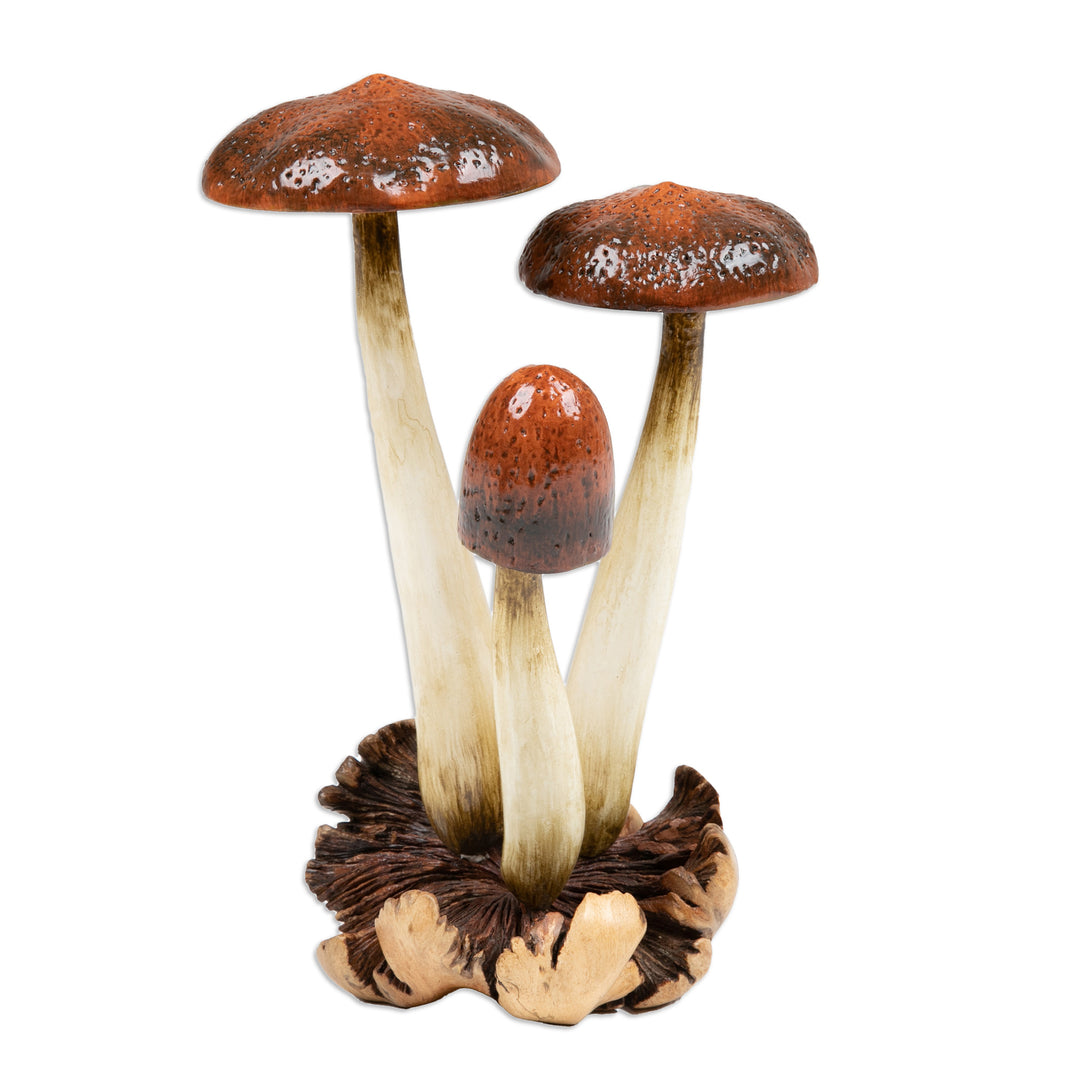 Hand-Painted Wood Sculpture with Mushroom Motifs from Bali - Wild Suillus Mushroom