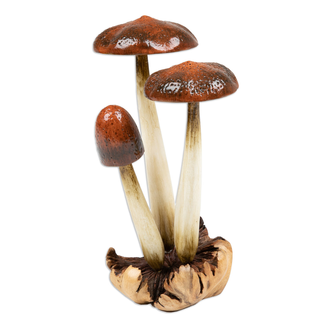 Hand-Painted Wood Sculpture with Mushroom Motifs from Bali - Wild Suillus Mushroom