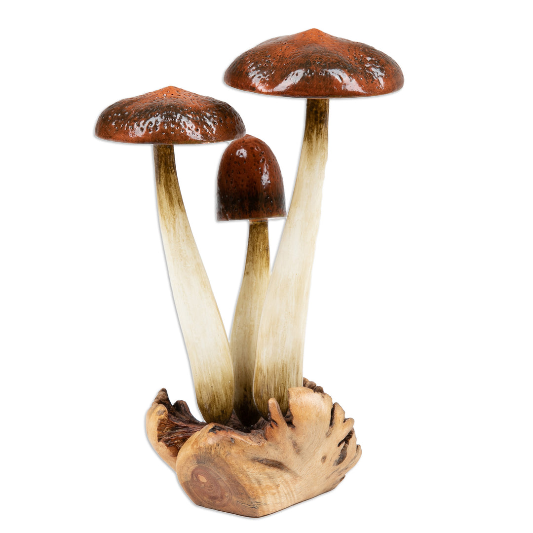 Hand-Painted Wood Sculpture with Mushroom Motifs from Bali - Wild Suillus Mushroom