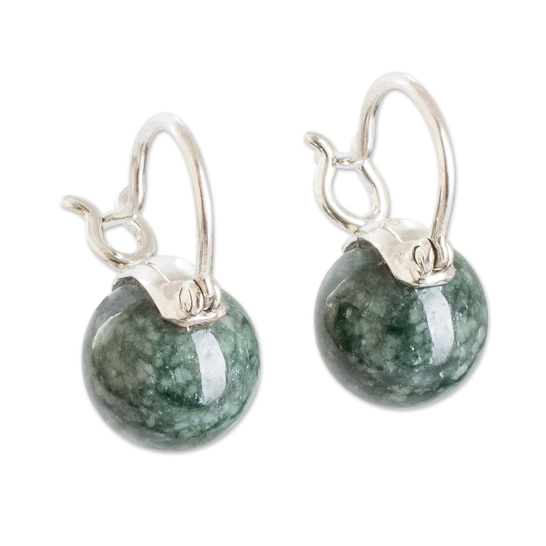 Sterling Silver Hoop Earrings with Dark Green Jade Gems - Vigorous Soul
