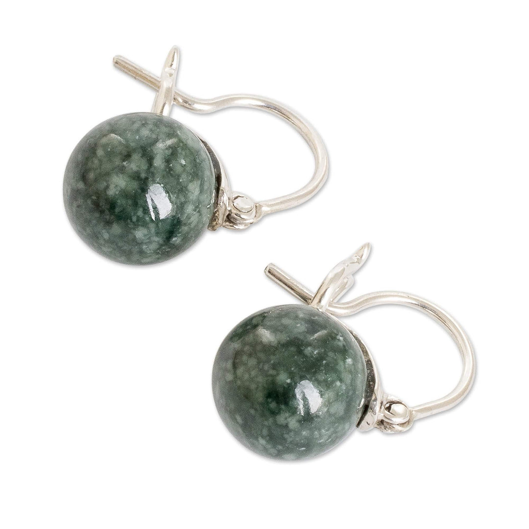 Sterling Silver Hoop Earrings with Dark Green Jade Gems - Vigorous Soul