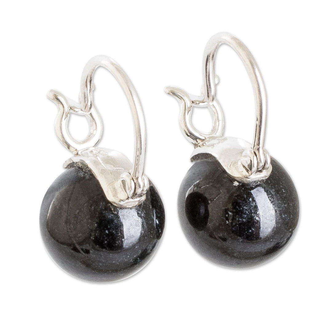 Polished Sterling Silver Hoop Earrings with Dark Jade Gems - Enigmatic Soul
