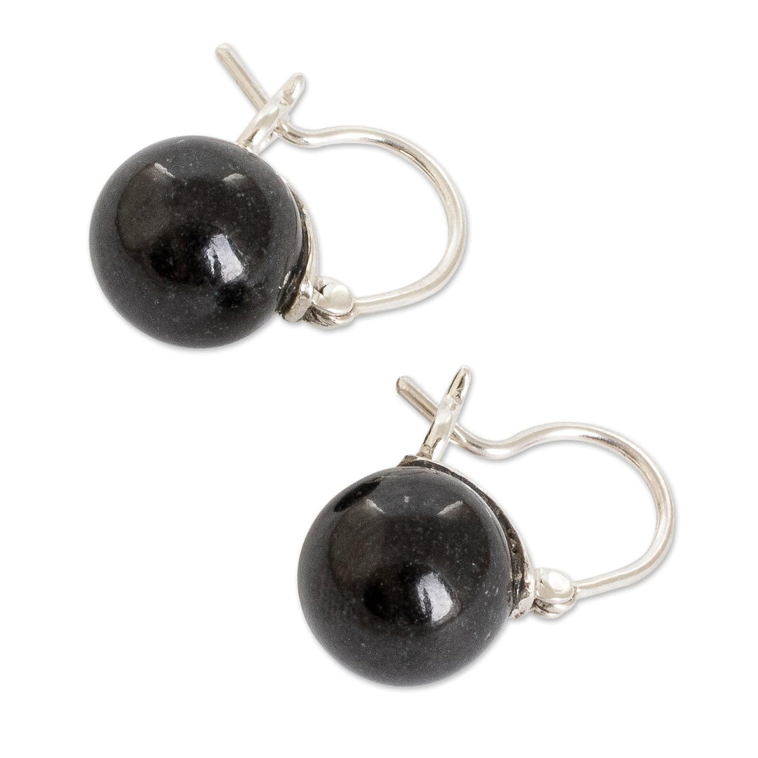 Polished Sterling Silver Hoop Earrings with Dark Jade Gems - Enigmatic Soul