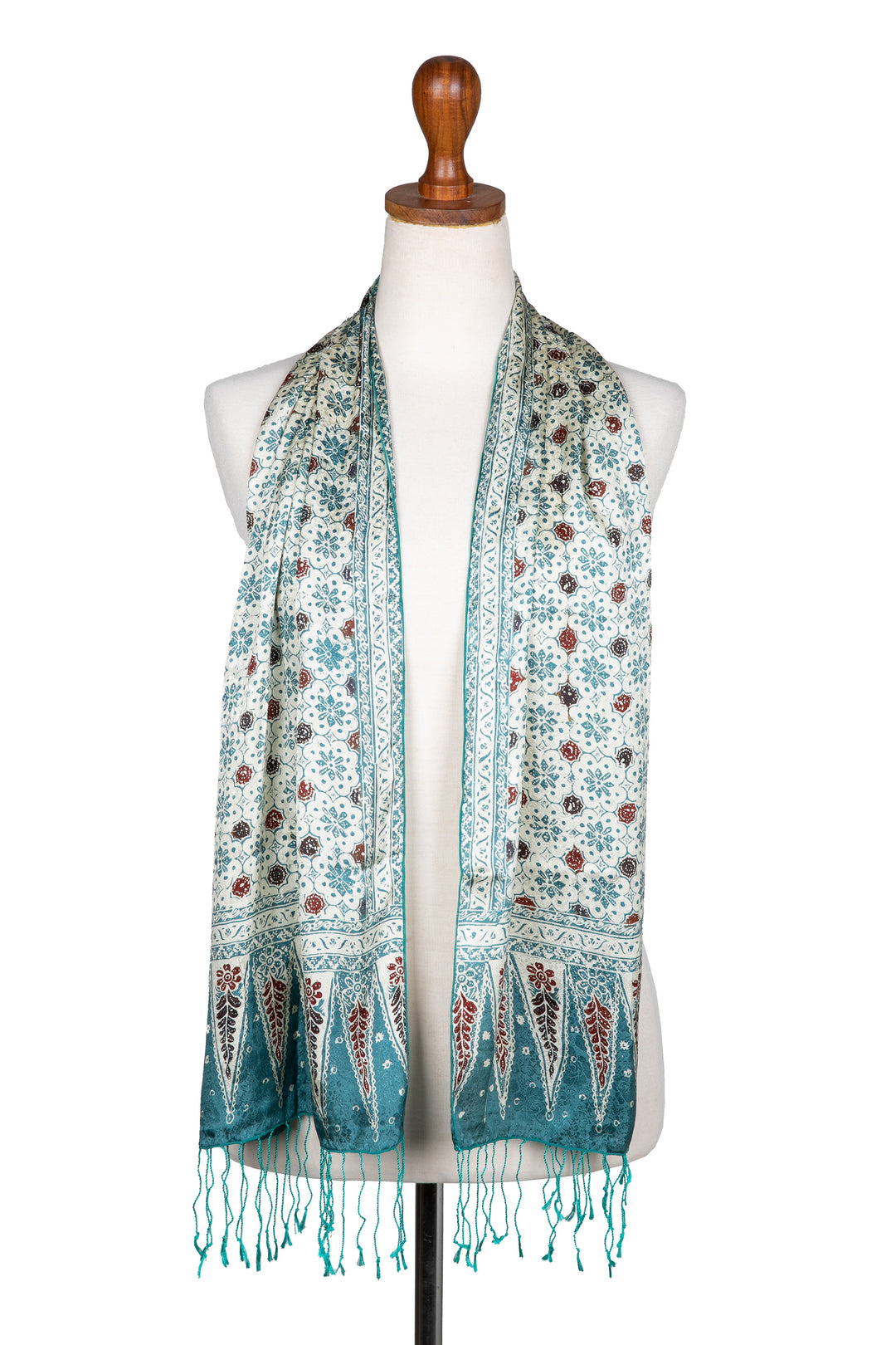 Floral Batik-Themed Jade Green 100% Silk Scarf with Gift Box - Jade of Jasmine