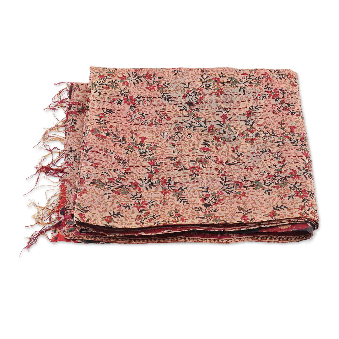 Embroidered Reversible Silk Scarf in Strawberry and Buff - Noble Rhapsody