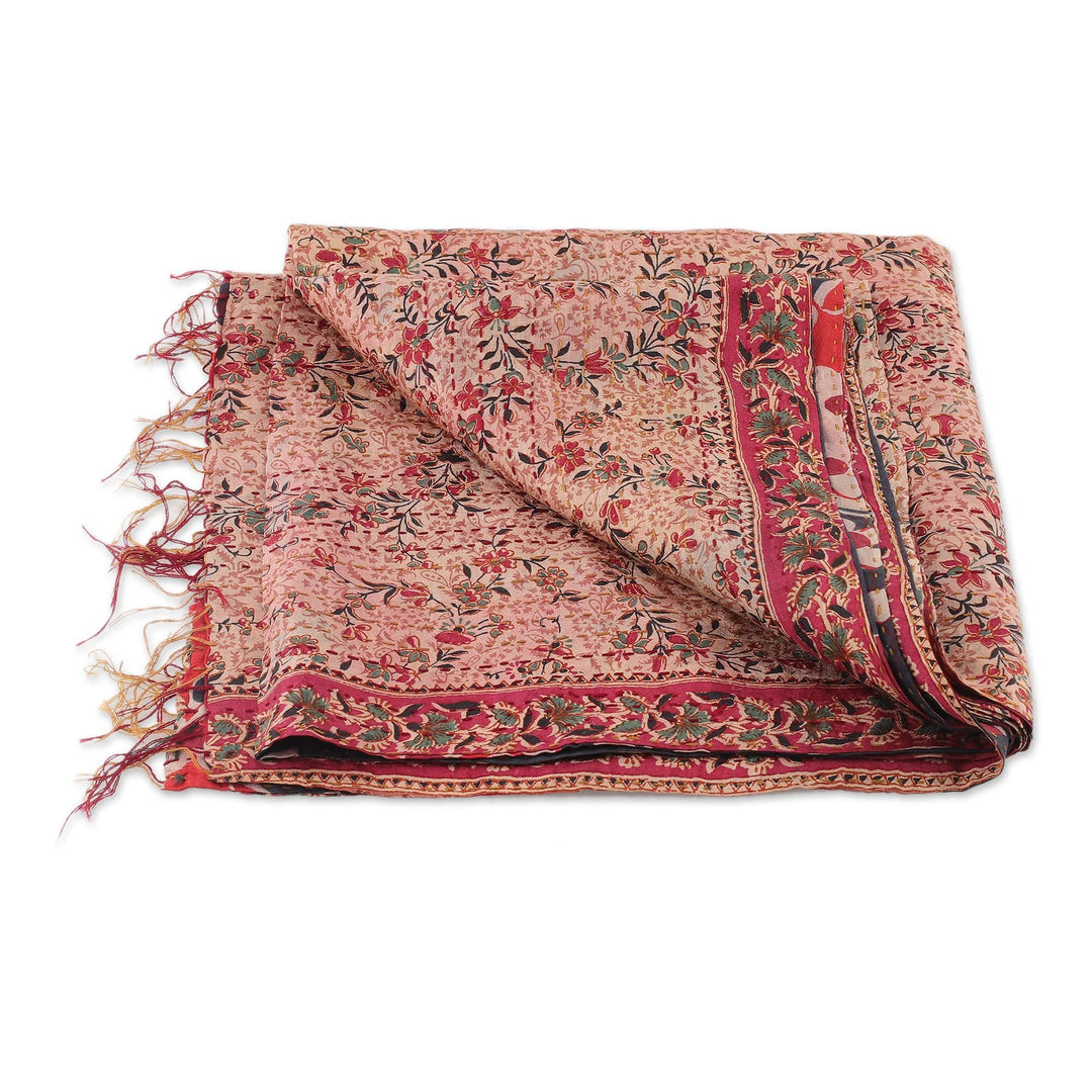 Embroidered Reversible Silk Scarf in Strawberry and Buff - Noble Rhapsody