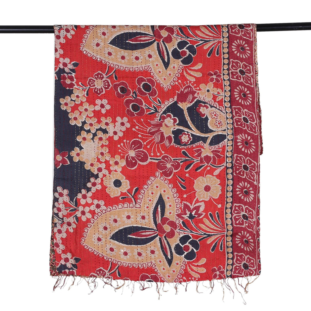 Embroidered Reversible Silk Scarf in Strawberry and Buff - Noble Rhapsody