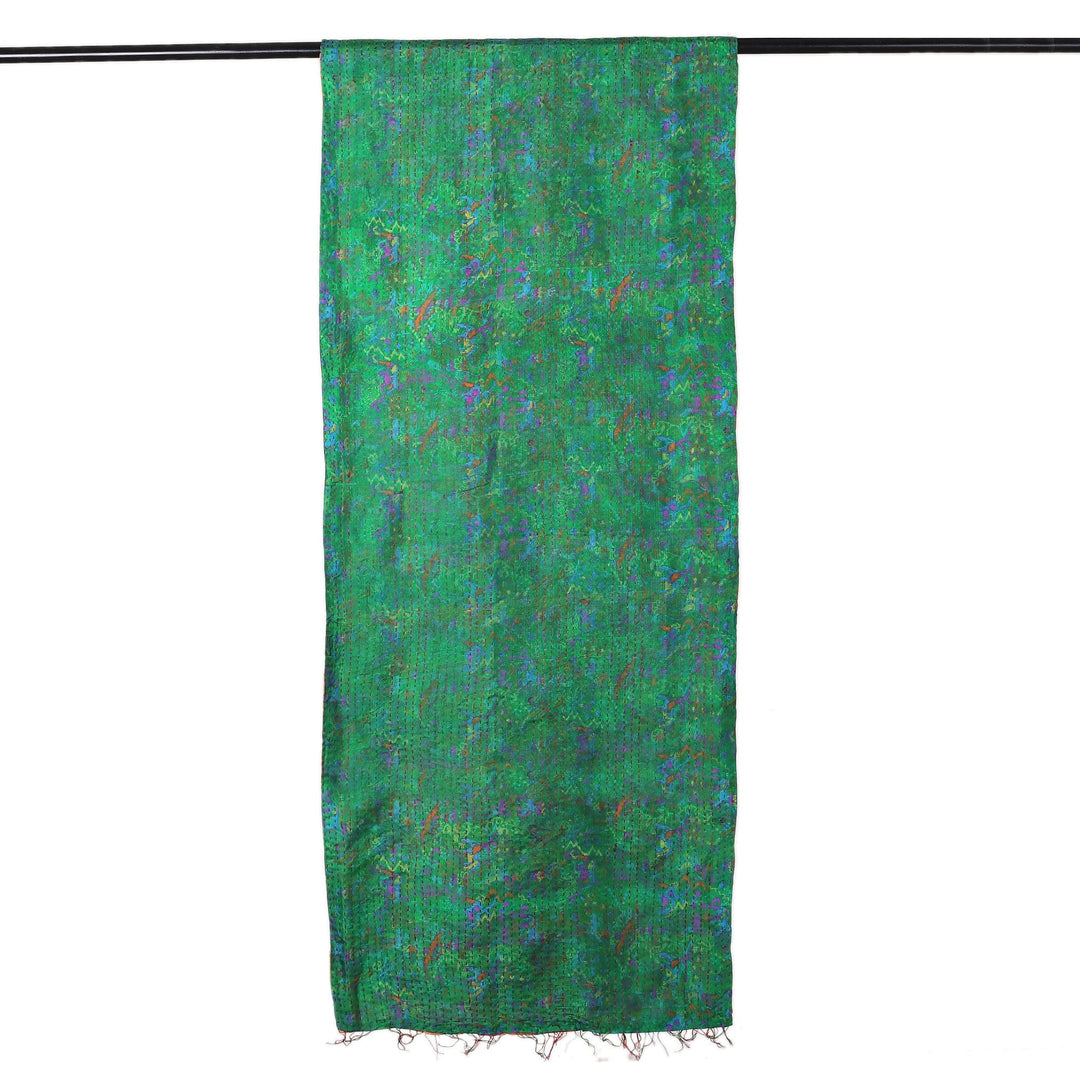 Emerald and Russet Kantha Embroidered Reversible Silk Scarf - Forest Tale