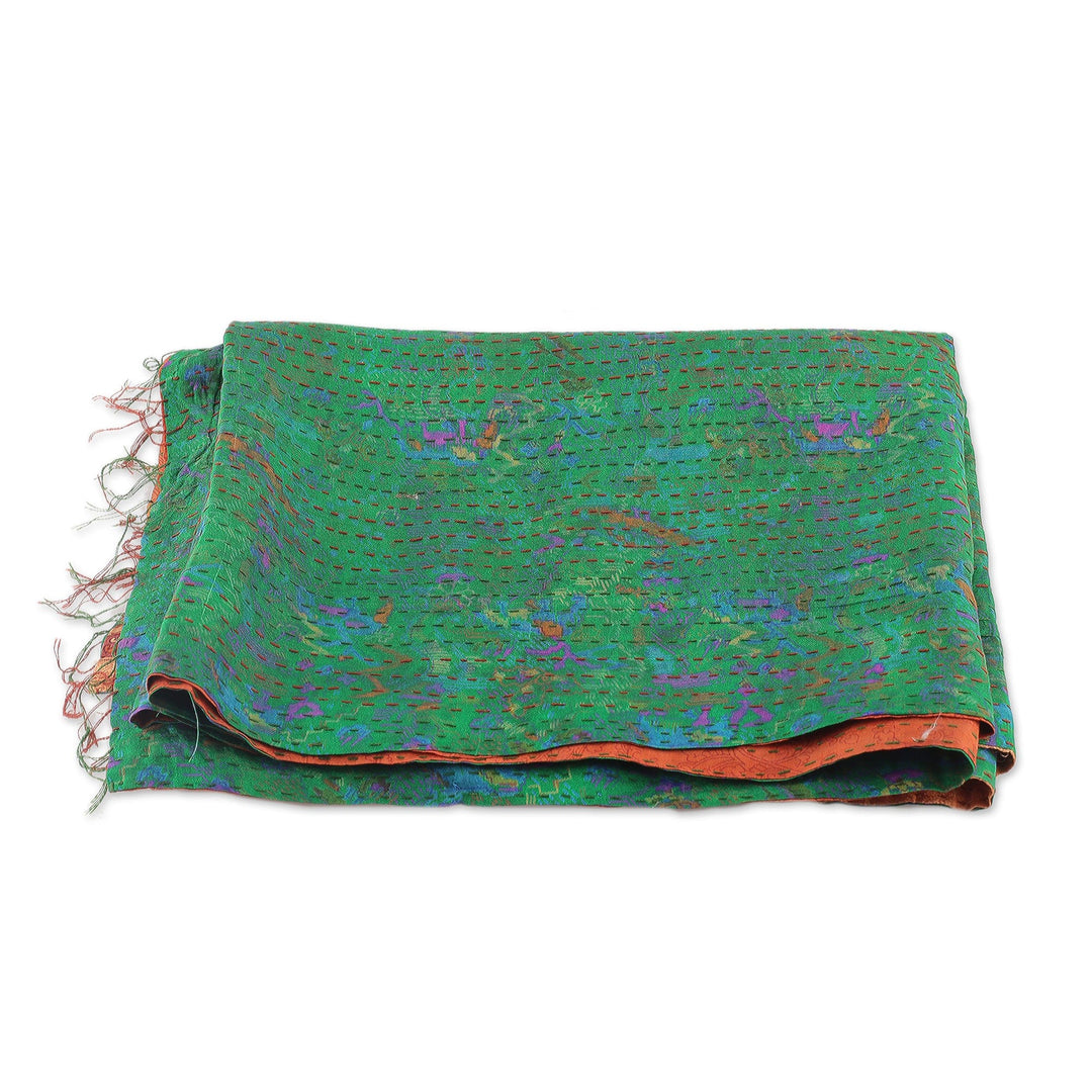 Emerald and Russet Kantha Embroidered Reversible Silk Scarf - Forest Tale
