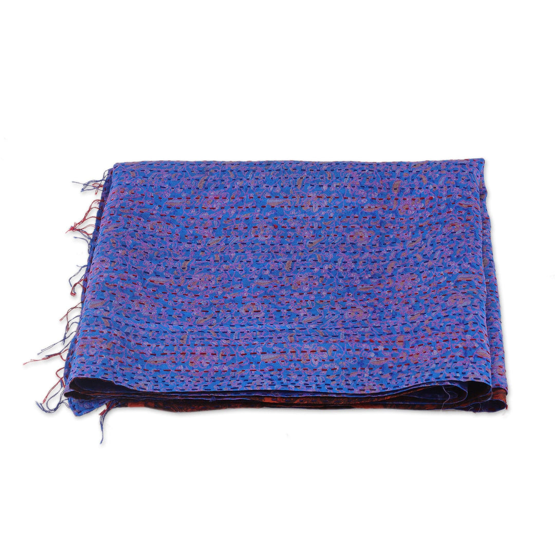 Embroidered Reversible Silk Scarf in Blue and Burnt Sienna - Royal Maiden