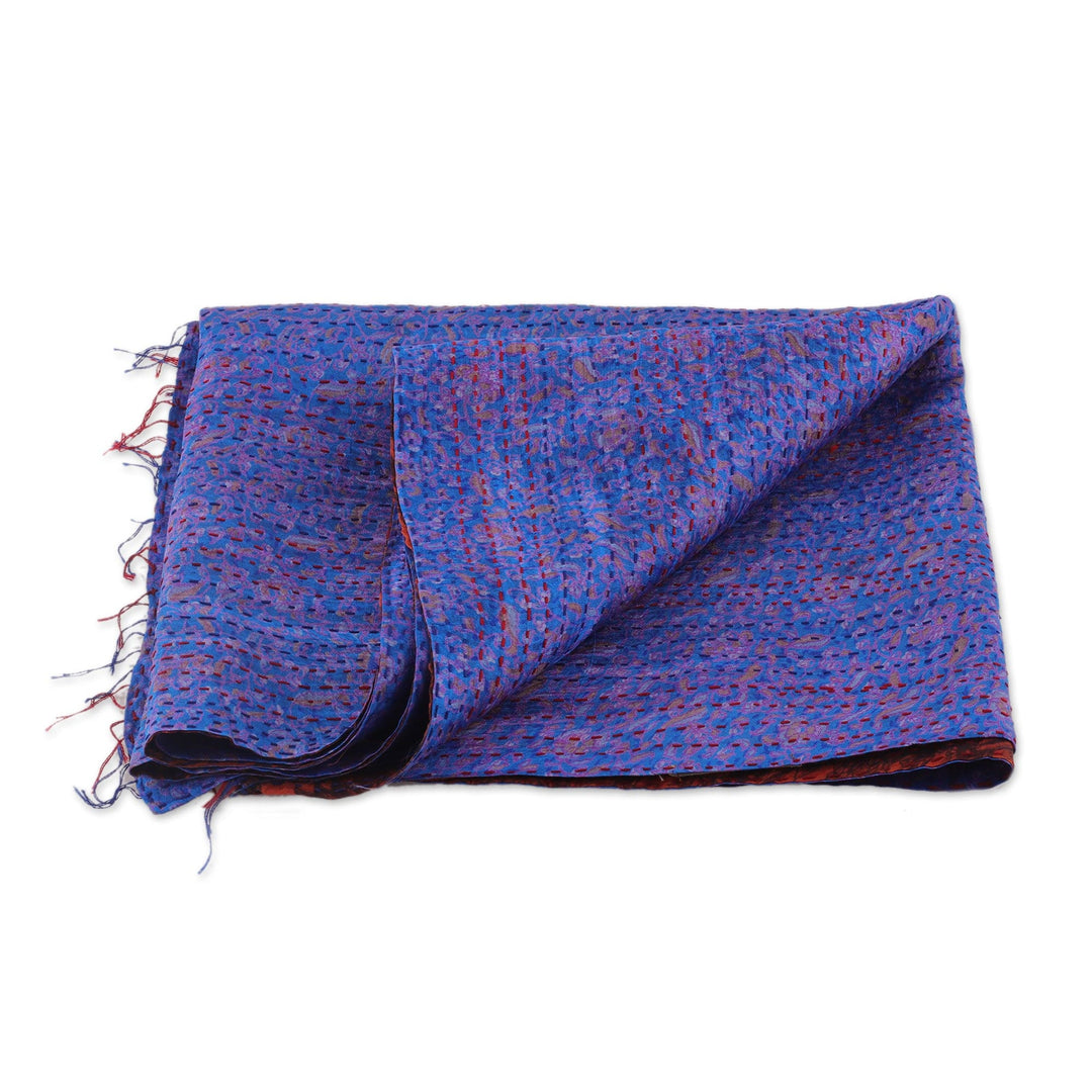 Embroidered Reversible Silk Scarf in Blue and Burnt Sienna - Royal Maiden
