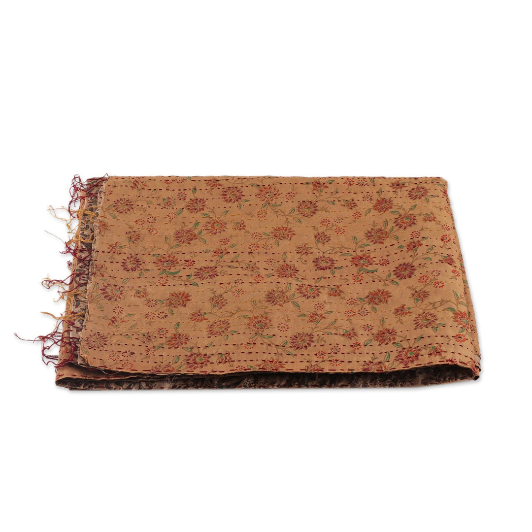 Embroidered Reversible Silk Scarf in Golden and Ivory Hues - Tales of Glory