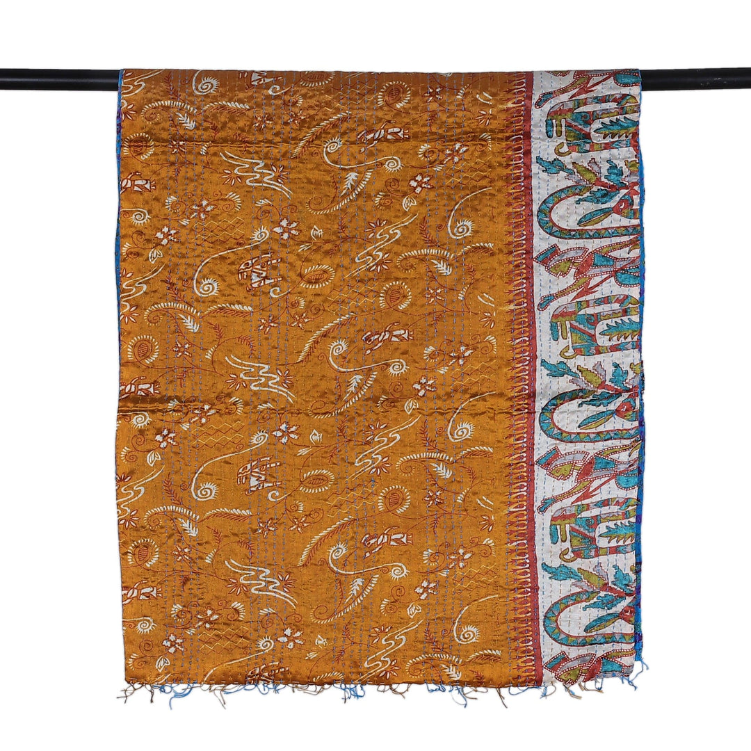 Embroidered Reversible Silk Scarf in Blue and Caramel Hues - Marine Magnificence