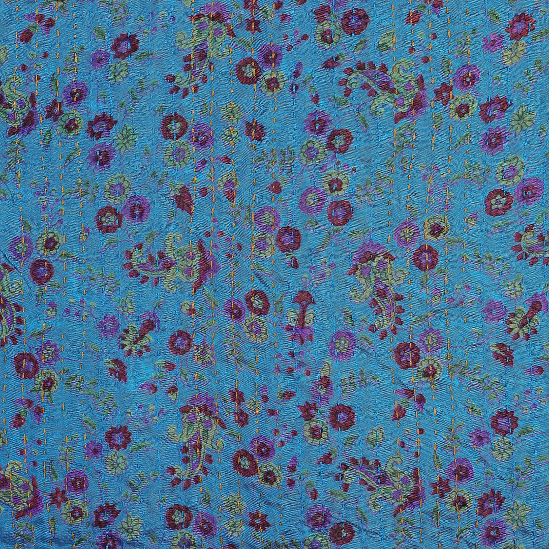 Embroidered Reversible Silk Scarf in Blue and Caramel Hues - Marine Magnificence