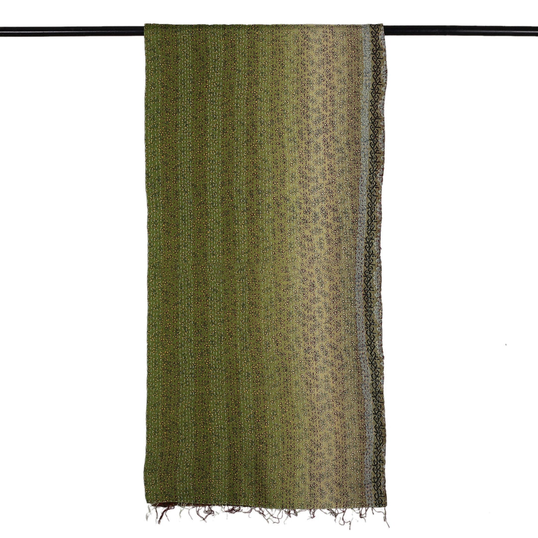 Embroidered Reversible Silk Scarf in Green and Beige - Spring Peace